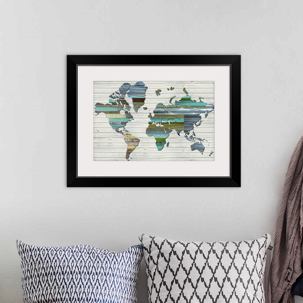 A bohemian room featuring World Map Wood Panels 2