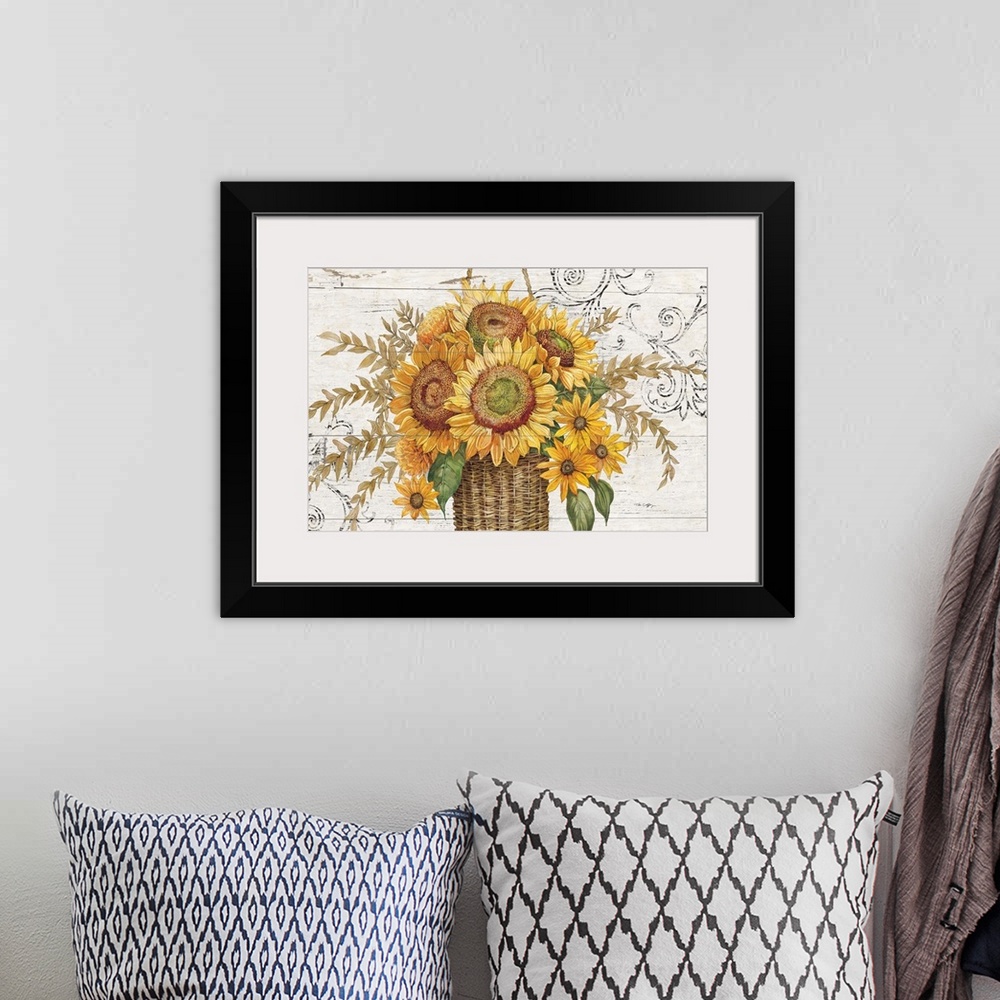 A bohemian room featuring A rustic basket overflowing with sunflowers