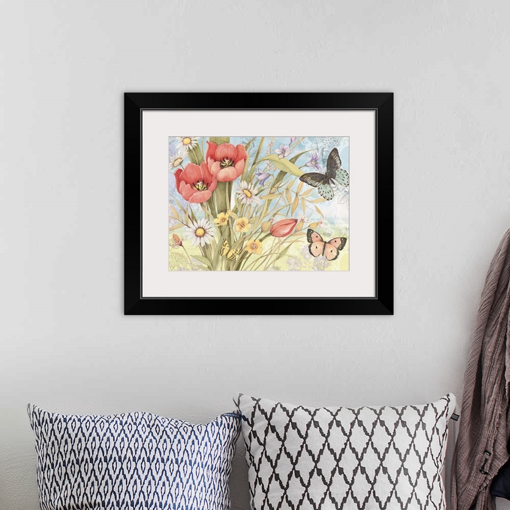 A bohemian room featuring Lovely botanical butterfly art subtly infuses nature into the home.