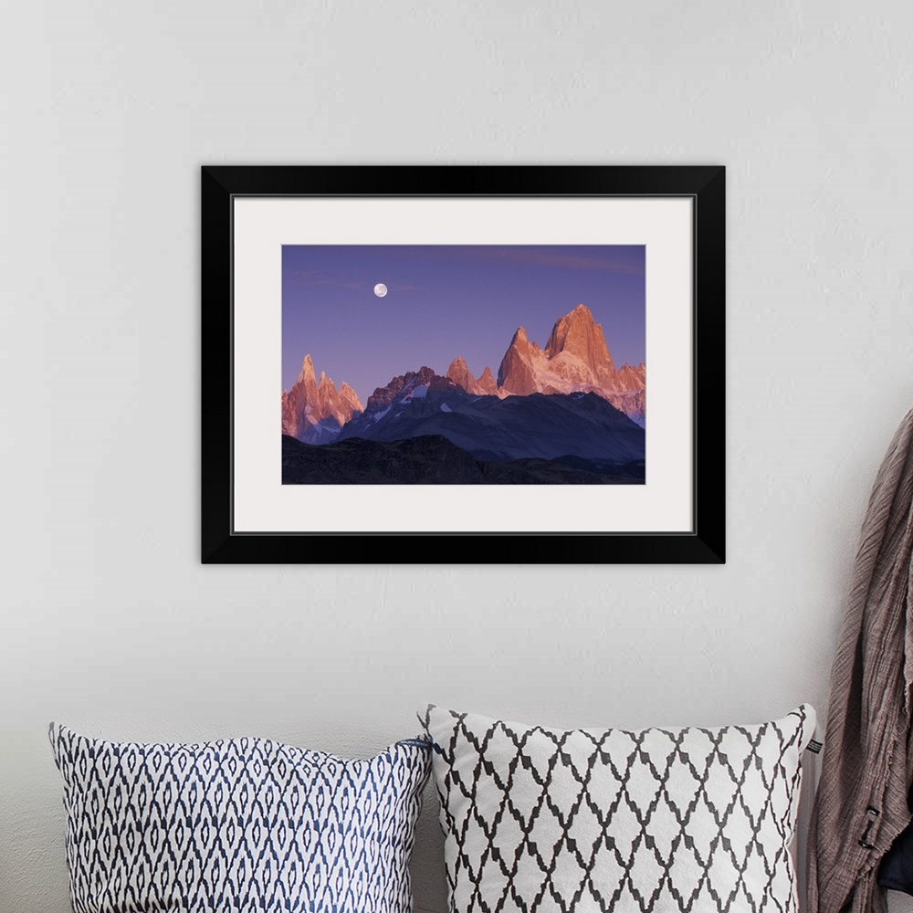 A bohemian room featuring South America, Argentina, Patagonia, Parque Nacional los Glaciares. Moon over Cerro Torre and Cer...