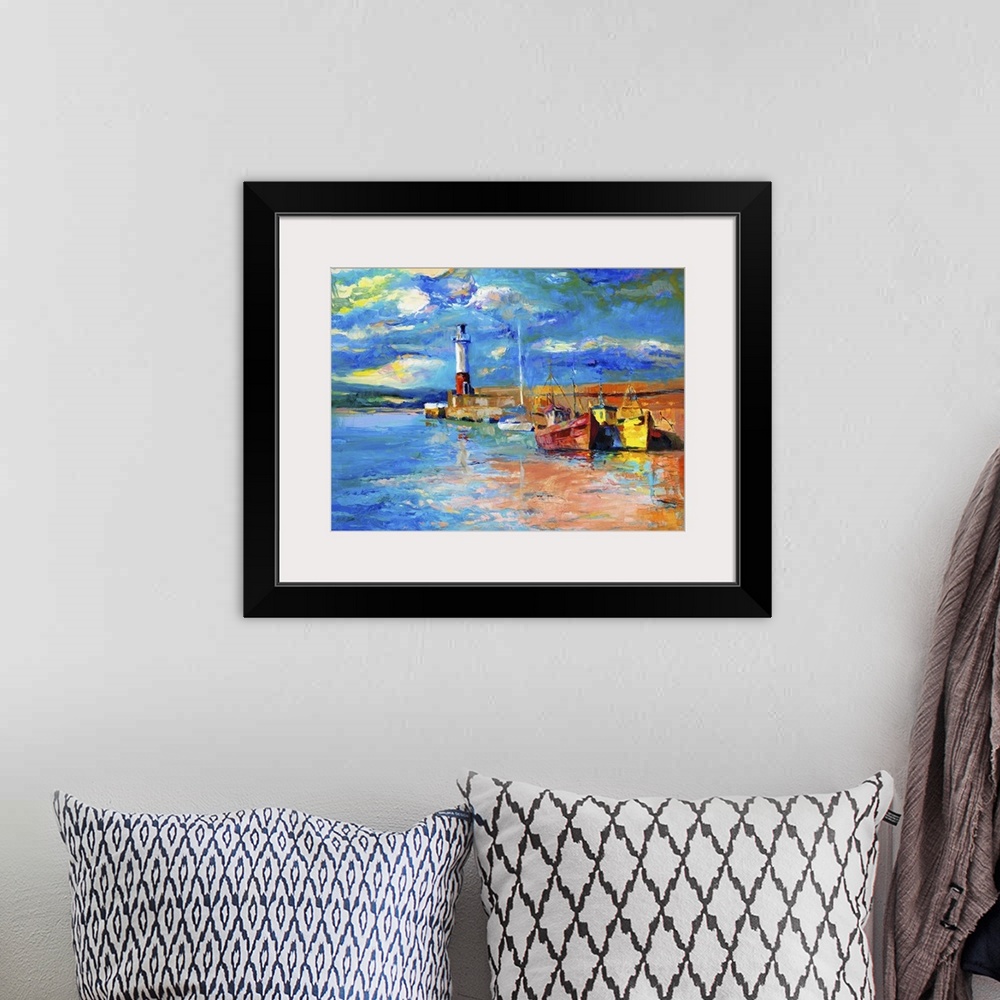 A bohemian room featuring Originally an oil painting of lighthouse and boats on canvas. Rich golden sunset over ocean. Mode...