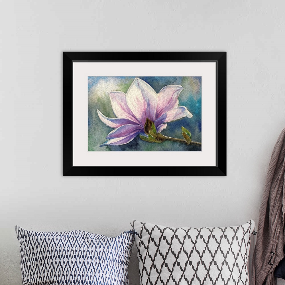 A bohemian room featuring Magnolia blossom on branch. Originally created with watercolors.