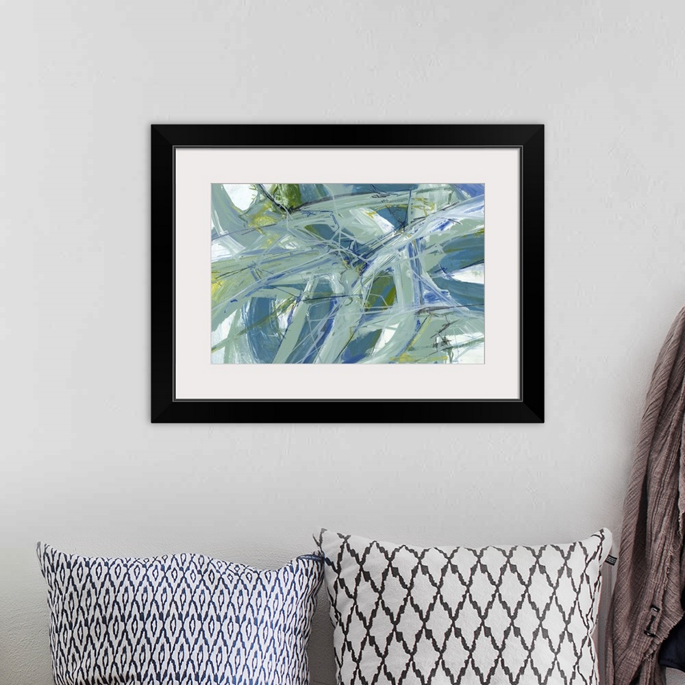 A bohemian room featuring A contemporary abstract painting using tones of green and blue in a fluid dynamic movements creat...