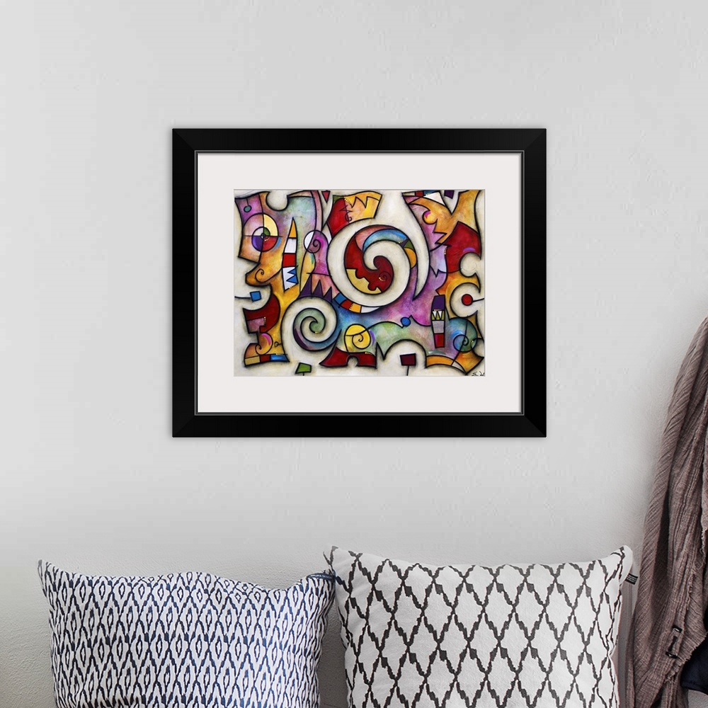 A bohemian room featuring Contemporary abstract painting of colorful puzzle-like collage resembling stained glass.