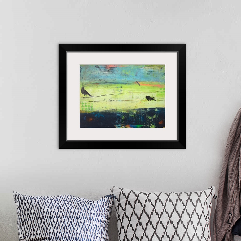 A bohemian room featuring Abstract painting in green, blue, pink, and orange with two horizontal lines scratched through th...