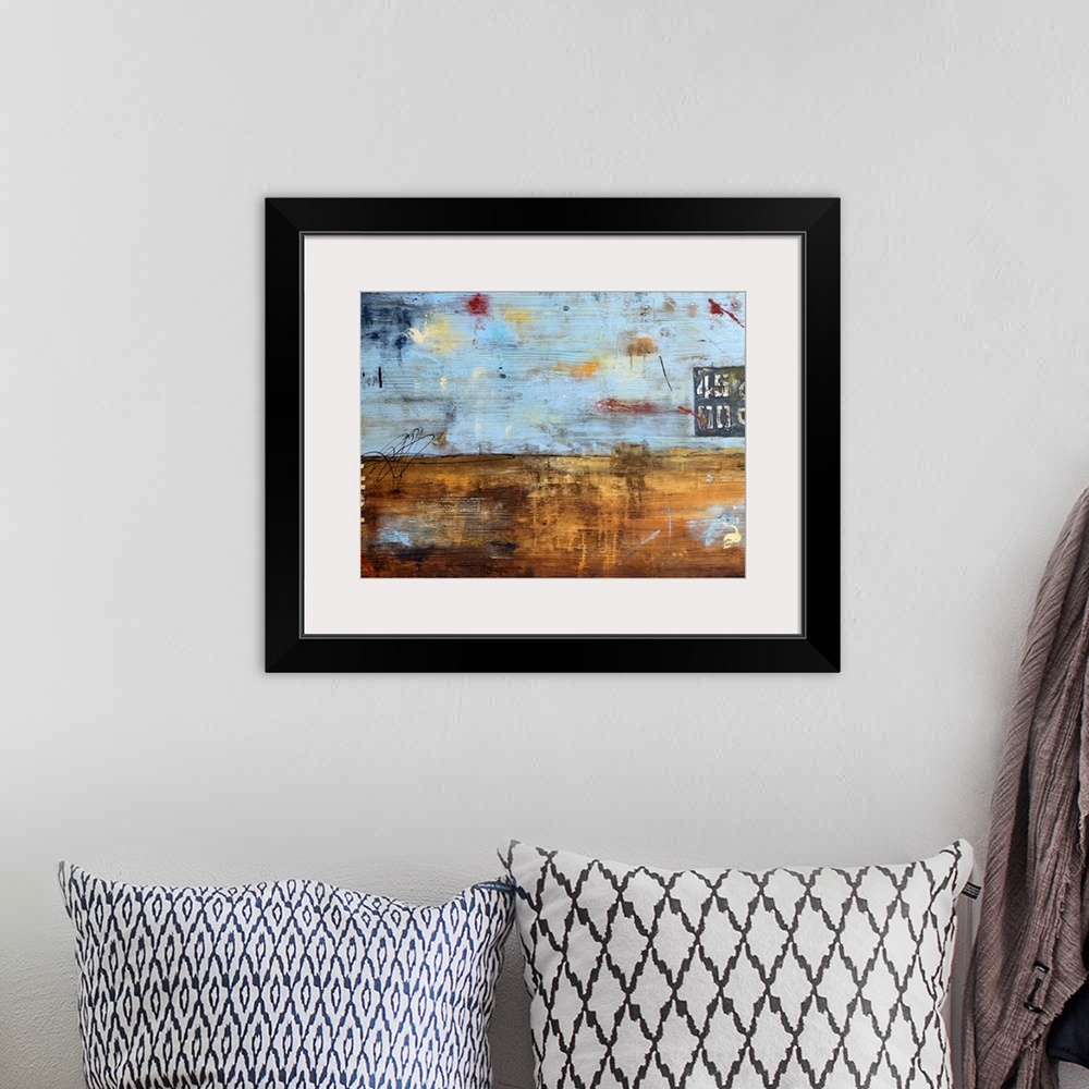 A bohemian room featuring A textured contemporary abstract painting with sky blue tones and different shades of brown and o...