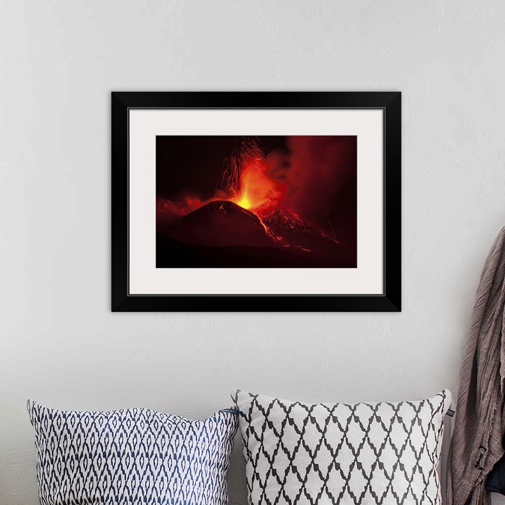 A bohemian room featuring Italy, Sicily, Catania district, Mount Etna, Strombolian activity at the Southeast Crater, a smal...