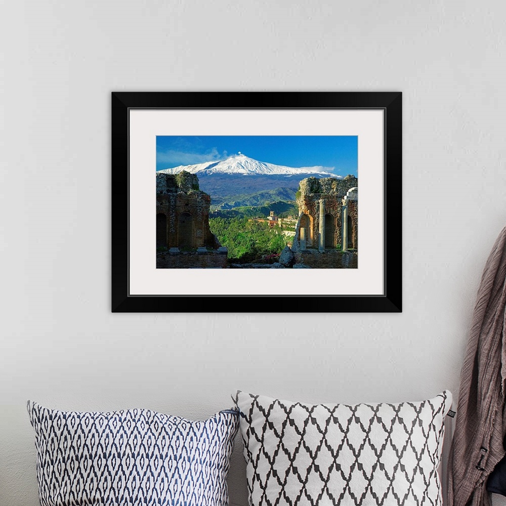 A bohemian room featuring Italy, Sicily, Ionian Coast, Taormina, Greek theatre and Mount Etna in background