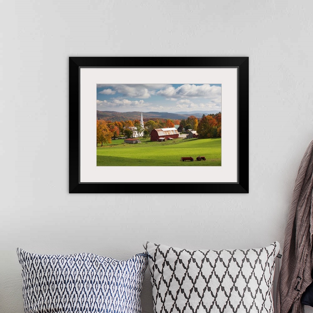 A bohemian room featuring USA, Vermont, Peacham, New England, Tractor passing the village in the fall.