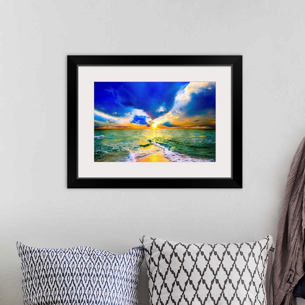 A bohemian room featuring This is a colorful sunset over ocean landscape. A seascape with green waves on the shore before a...