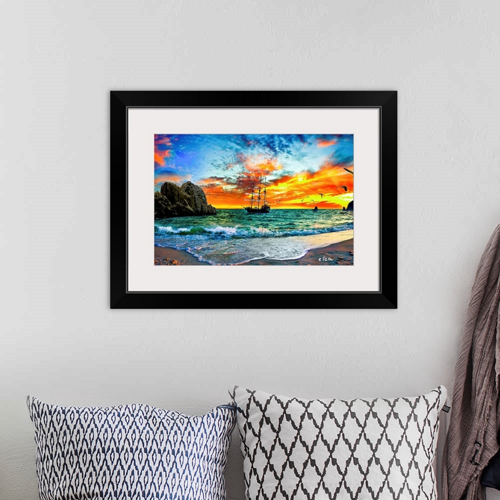 A bohemian room featuring Fantasy art featuring a pirate ship sailing into the sunset in Cabo San Lucas.