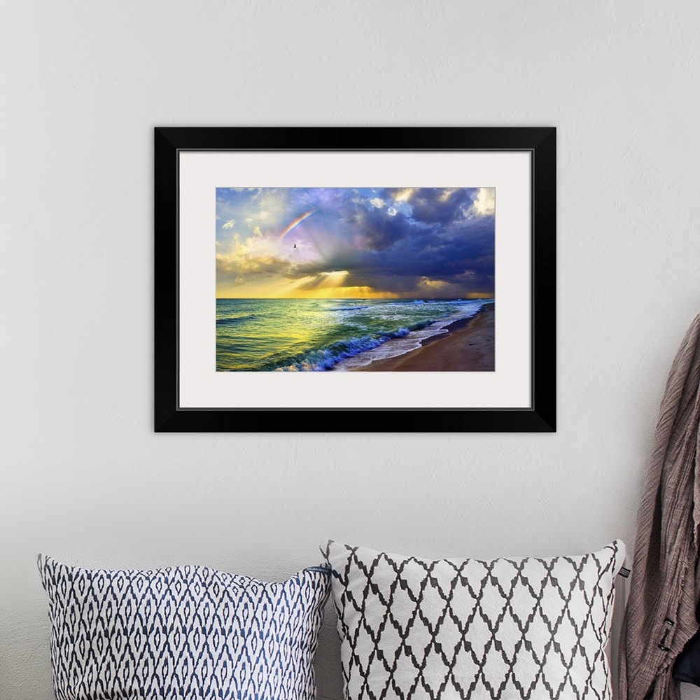 A bohemian room featuring A rainbow seascape of green and blue sea and golden sun rays. Landscape taken near Navarre Beach,...