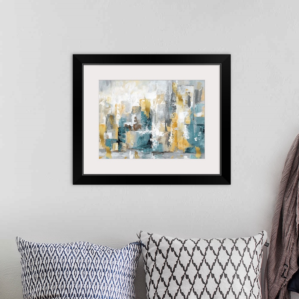 A bohemian room featuring Semi-abstract artwork of a city skyline in turquoise and gold.