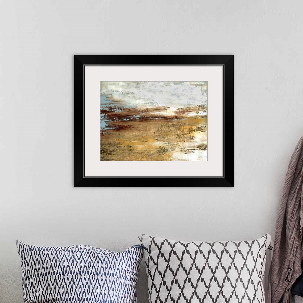 A bohemian room featuring Abstract contemporary painting in gold and grey, resembling a landscape at sunset.
