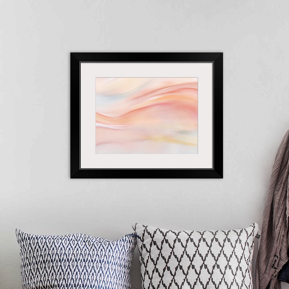A bohemian room featuring Large abstract painting with pastel hues and flowing movement from left to right across the canvas.