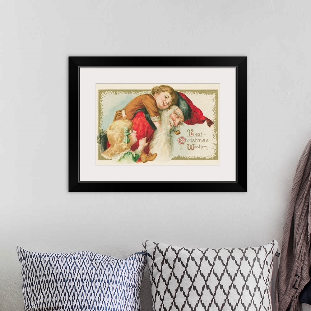 A bohemian room featuring Best Christmas Wishes Postcard With Santa Claus And Children