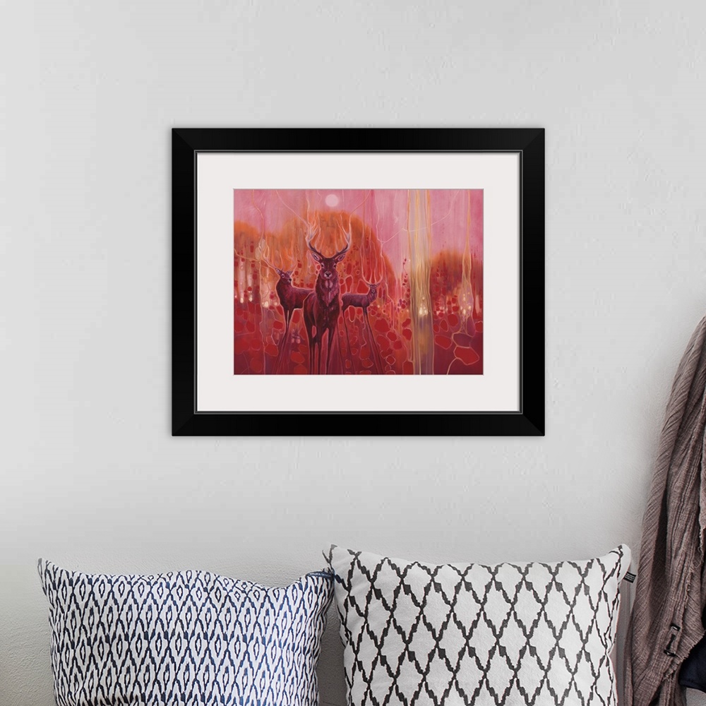 A bohemian room featuring Watercolor painting of deer within a colorful, dream-like forest.