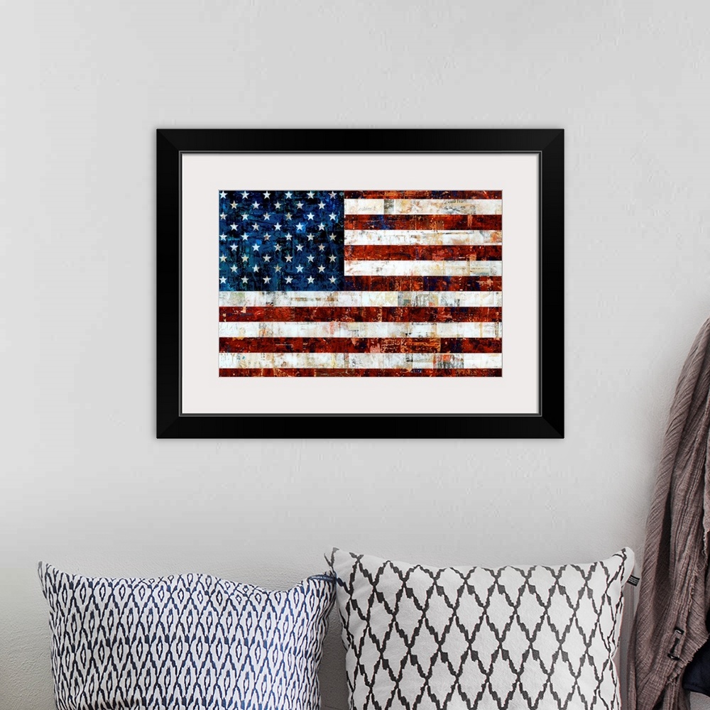 A bohemian room featuring American Flag