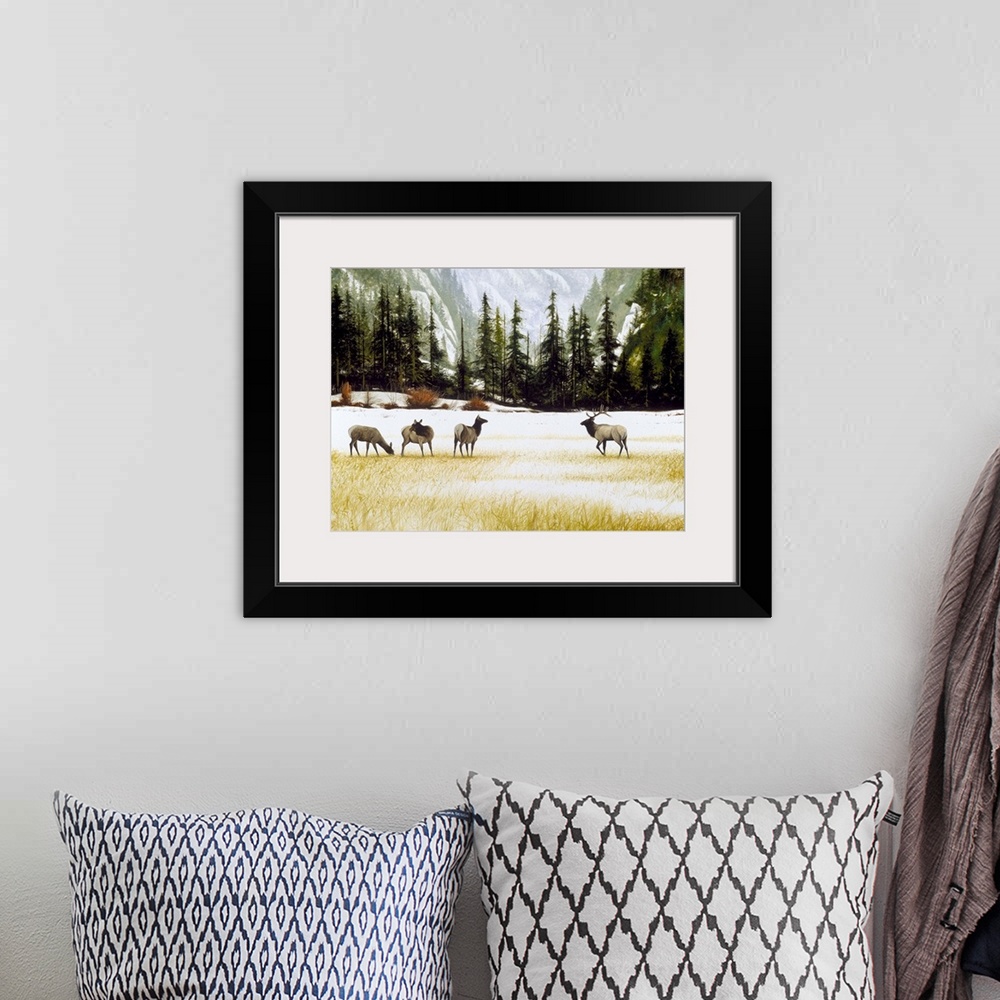 A bohemian room featuring Contemporary painting of four elk in a snowy valley with pine trees and mountains in the background.