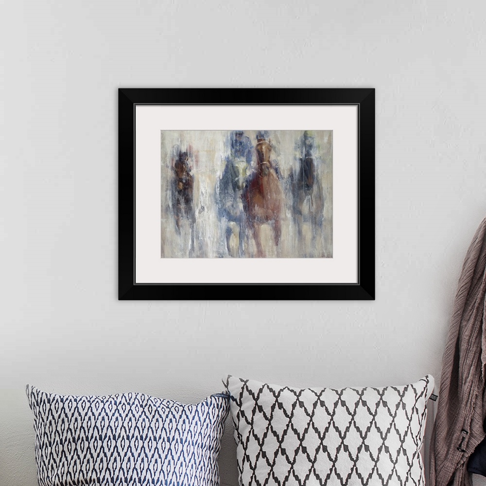 A bohemian room featuring A contemporary painting of a horse derby, with the impression of the horses advancing toward you.