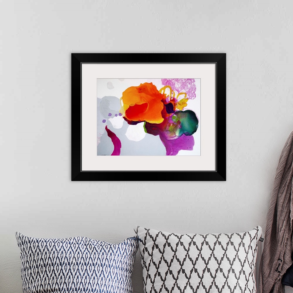 A bohemian room featuring Contemporary abstract painting in bright orange and purple and light gray on white background.