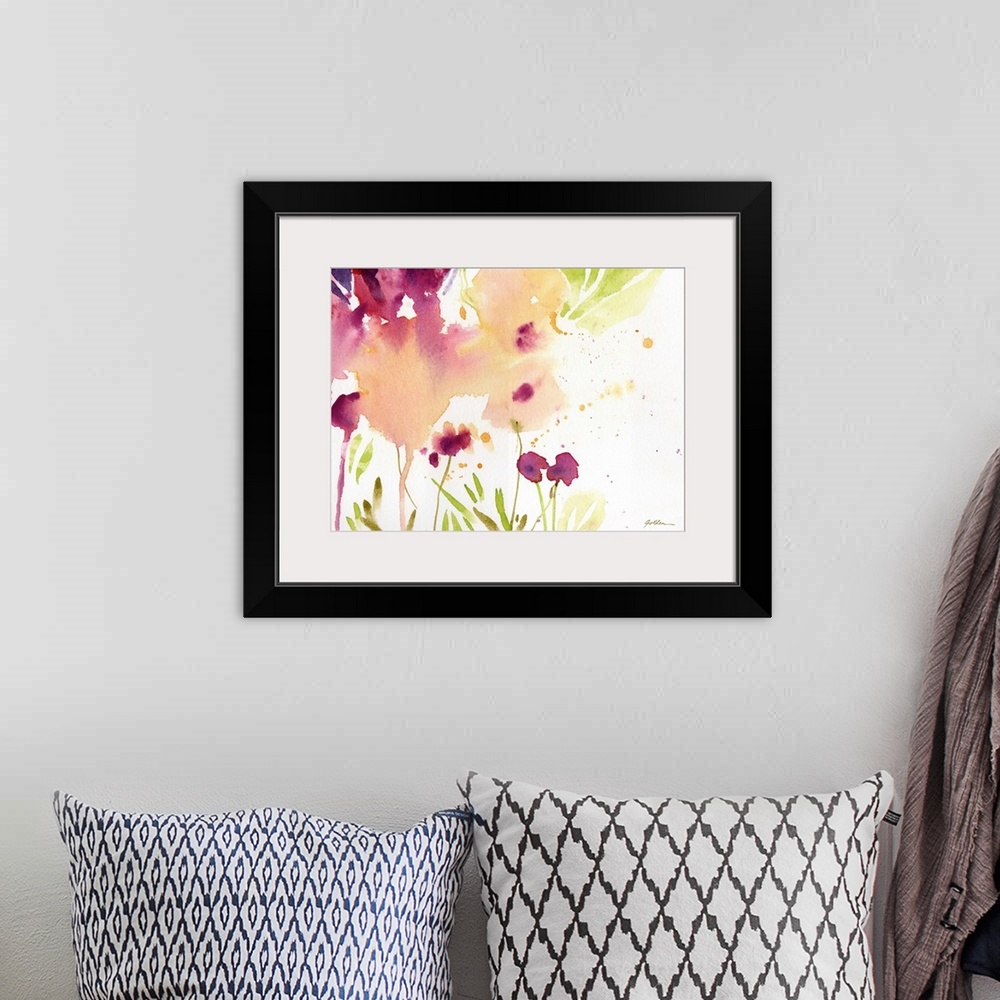 A bohemian room featuring Contemporary watercolor painting of maroon and muted yellow flowers.