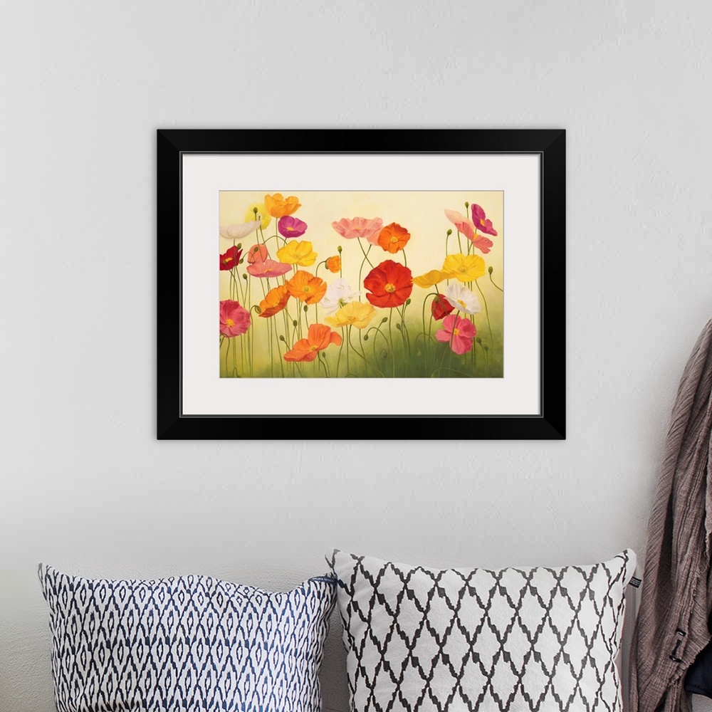 A bohemian room featuring A contemporary painting of a group multi-colored poppy flowers in green grass.