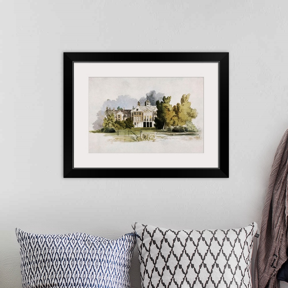 A bohemian room featuring A quaint forested estate in the country done in watercolor.