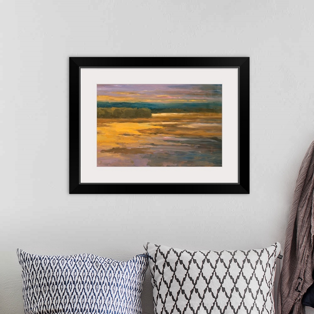 A bohemian room featuring Fine art artwork in bright and washed pastel hues of a river basin.