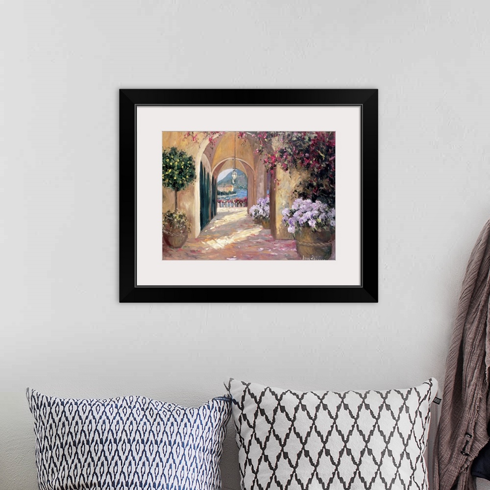 A bohemian room featuring Fine art oil painting landscape of a seaside walk with flowering plants with a beautiful sparklin...