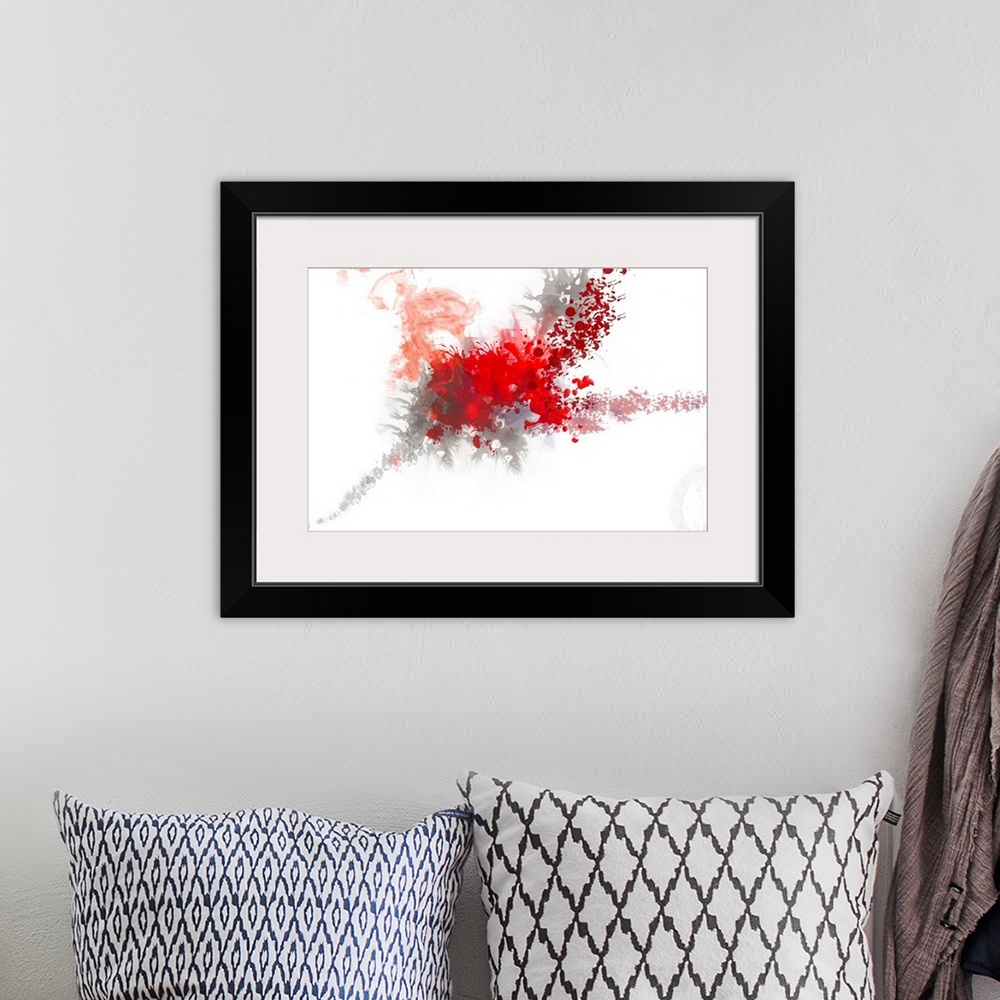 A bohemian room featuring Digital abstract wall art with exploding warm splotches on a blank background.