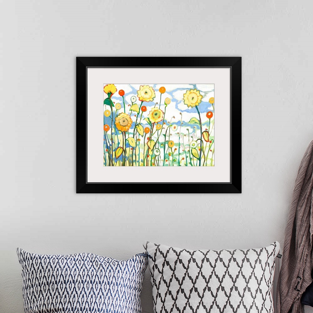 A bohemian room featuring This contemporary painting shows abstract sunflowers and poppy pods growing in the bright sunlight.