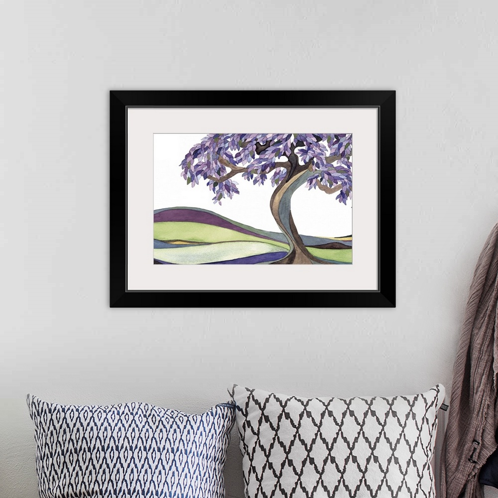 A bohemian room featuring Watercolor painting of a tree with a curved trunk and leafy branches in a field.