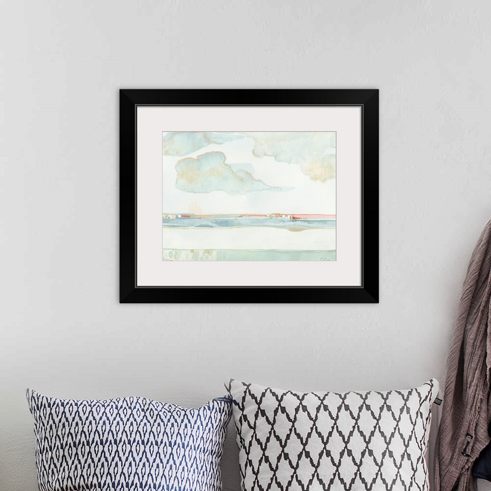 A bohemian room featuring Hand Painted Watercolor of the ocean's Horizon line