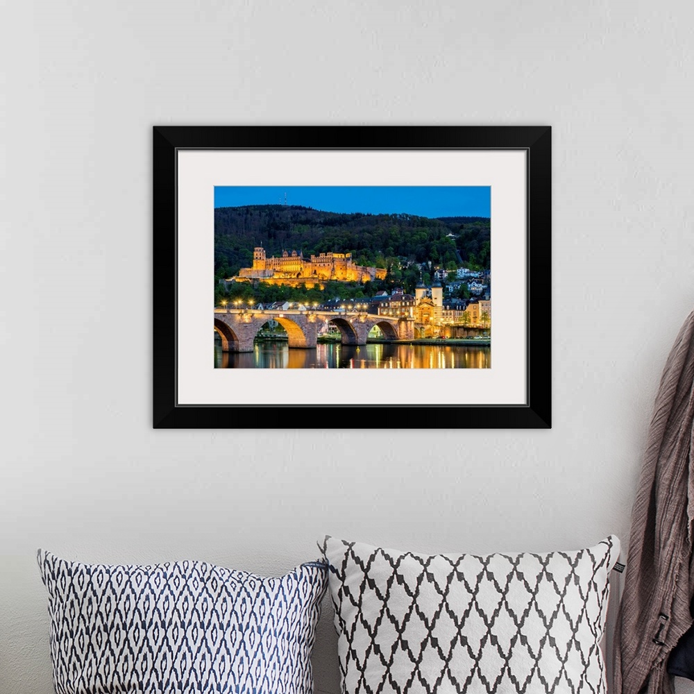 A bohemian room featuring Germany, Baden-Wurttemberg, Heidelberg. Alte Brucke (old bridge) and Schloss Heidelberg castle on...