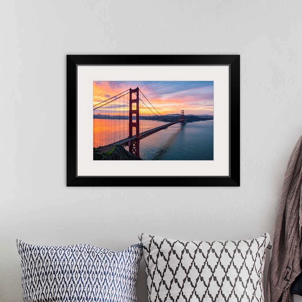 A bohemian room featuring Golden Gate Bridge During Sunrise, Marin County, San Francisco, Northern California, USA.