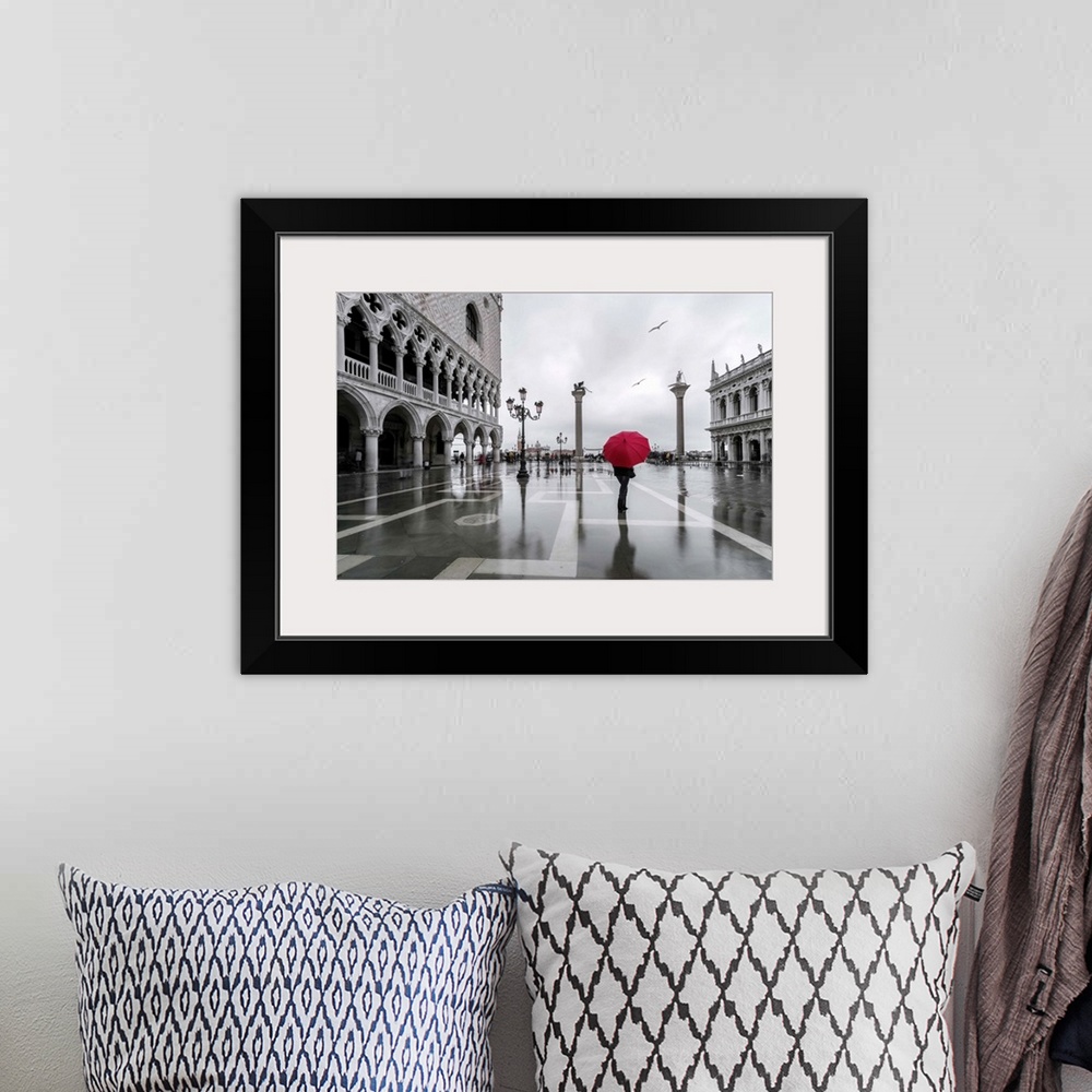 A bohemian room featuring Italy, Veneto, Venice. Woman with red umbrella in front of Doges palace with acqua alta (MR)