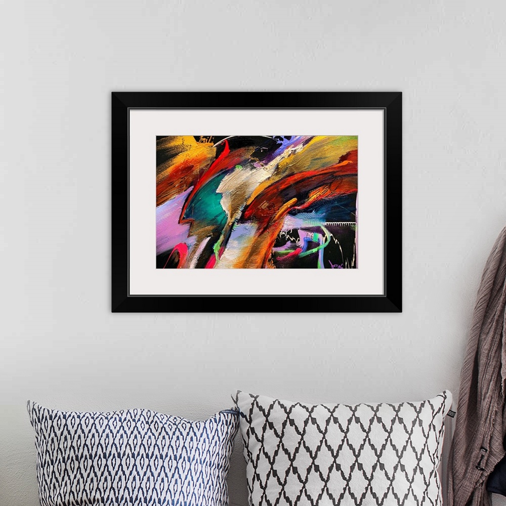 A bohemian room featuring Modern abstract artwork of a clash of color streaks.