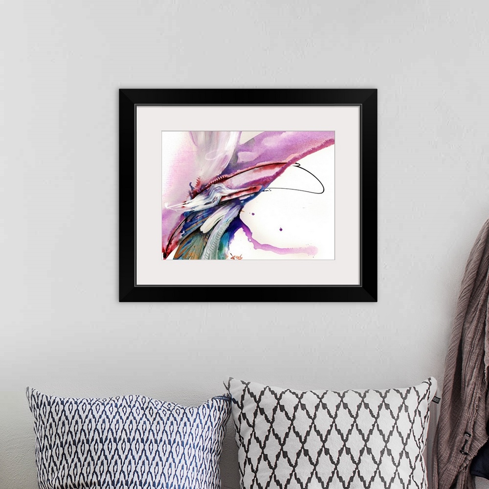 A bohemian room featuring This abstract wall art is a wide arch of color created with wet paint textures then covered with ...