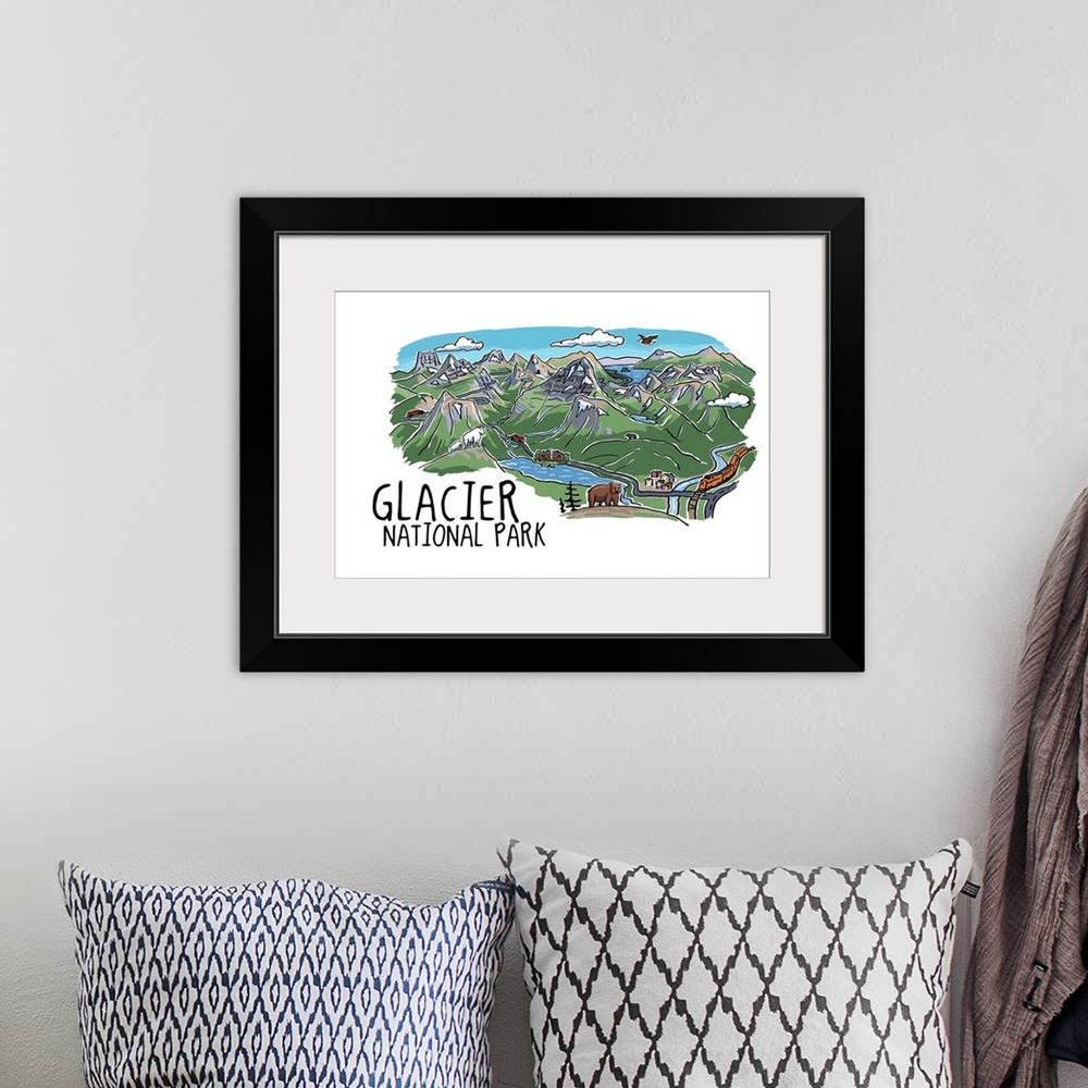A bohemian room featuring Glacier National Park, Montana - Line Drawing