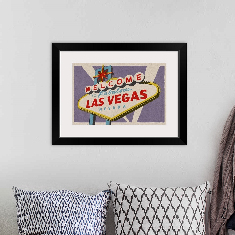A bohemian room featuring Las Vegas, Nevada - Welcome Sign Woodblock: Retro Travel Poster