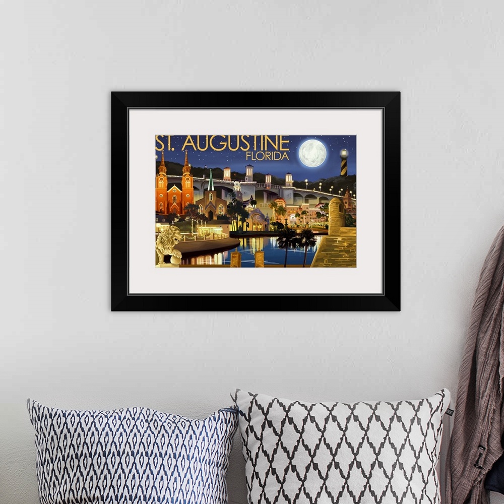 A bohemian room featuring Retro stylized art poster of a city skyline at night, with a giant moon in the sky illuminating t...