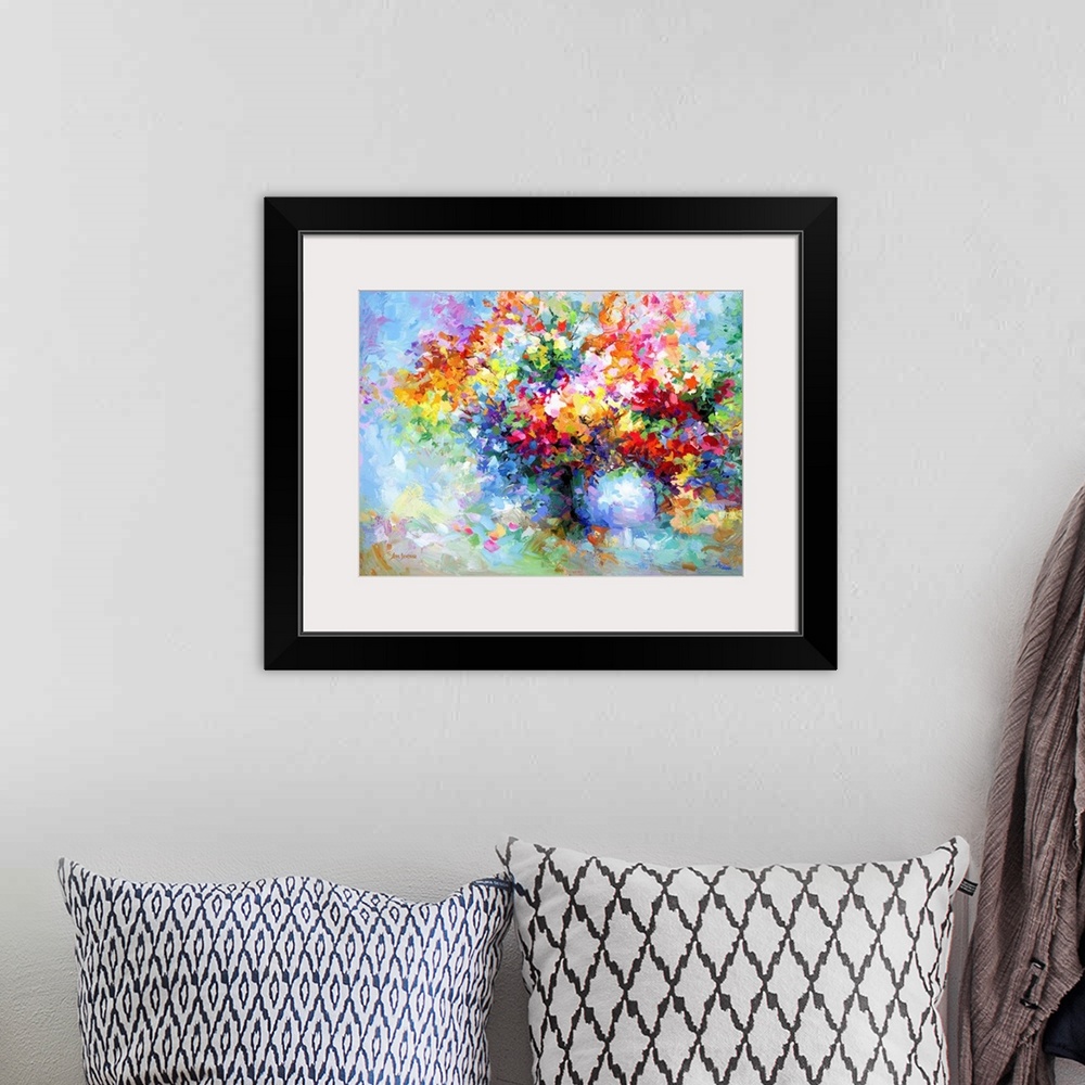 A bohemian room featuring Contemporary painting of a colorful vase of flowers.
