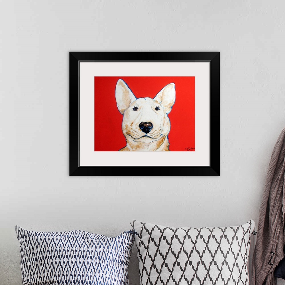 A bohemian room featuring Painting of a white bull terrier with a blue outline on a bright red background.