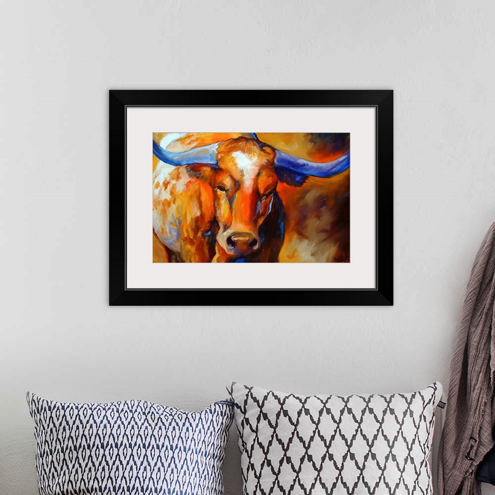A bohemian room featuring Contemporary painting of a longhorn made with warm hues and cool blues on the horns and throughou...