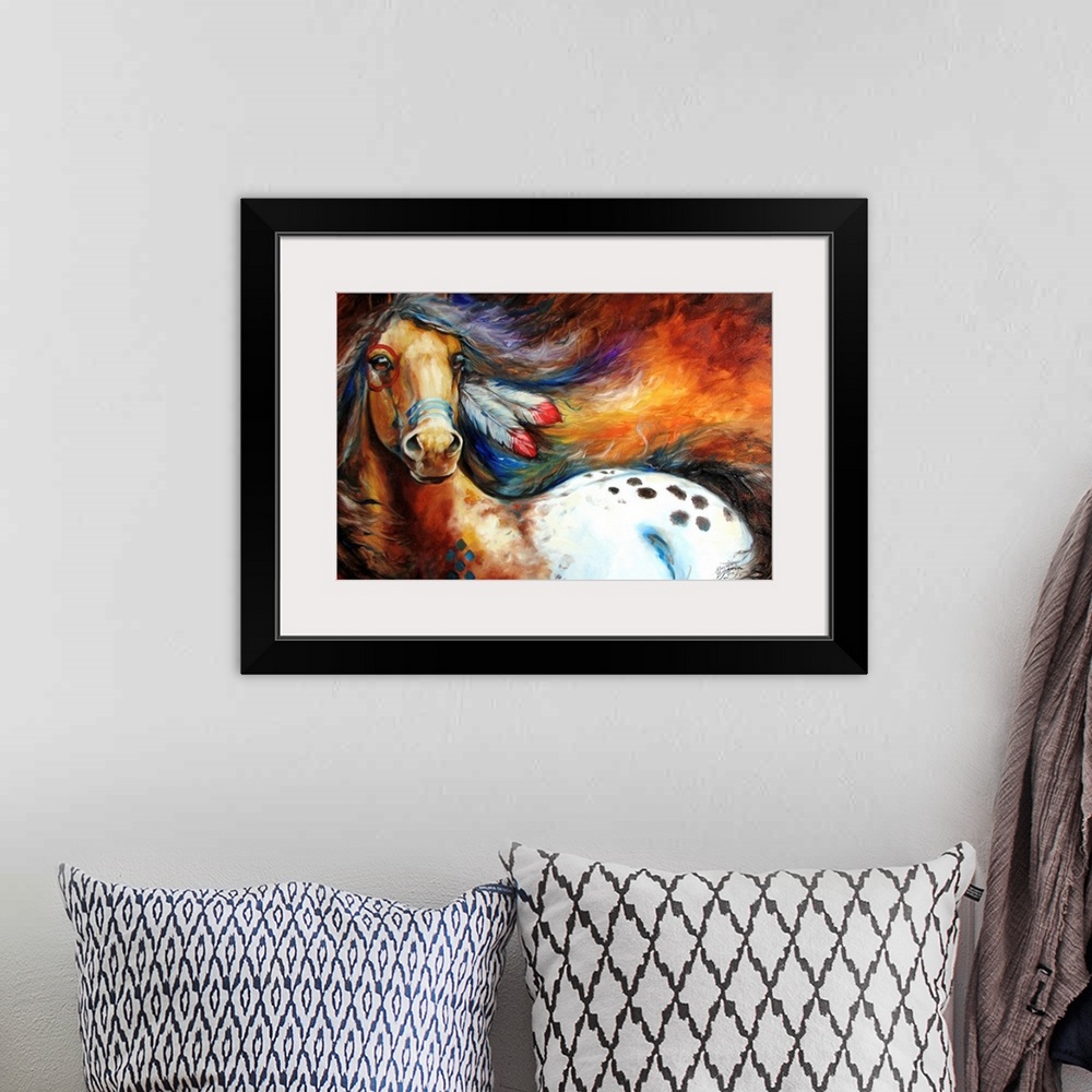 A bohemian room featuring Contemporary painting depicting the bold spirit of the equine appaloosa with feathers in its mane...
