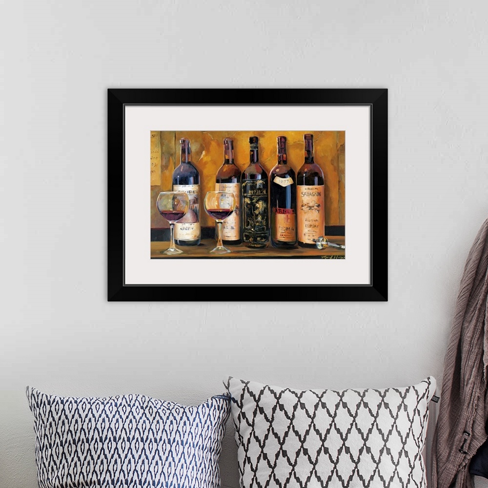 A bohemian room featuring Landscape wall painting of five bottles of red wine with two full wine glasses sitting on a count...