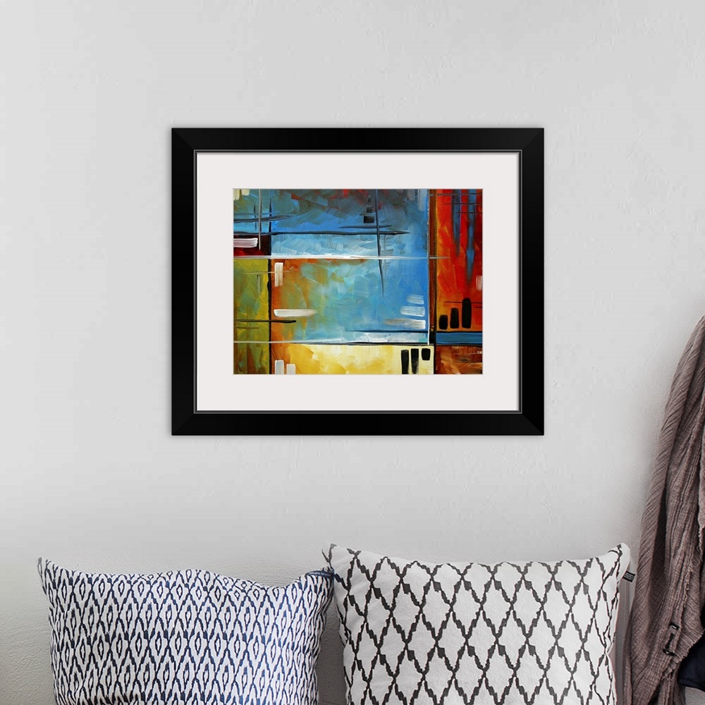 A bohemian room featuring Large abstract art includes bright and rich colors over a variety of rectangles.  Artist also use...