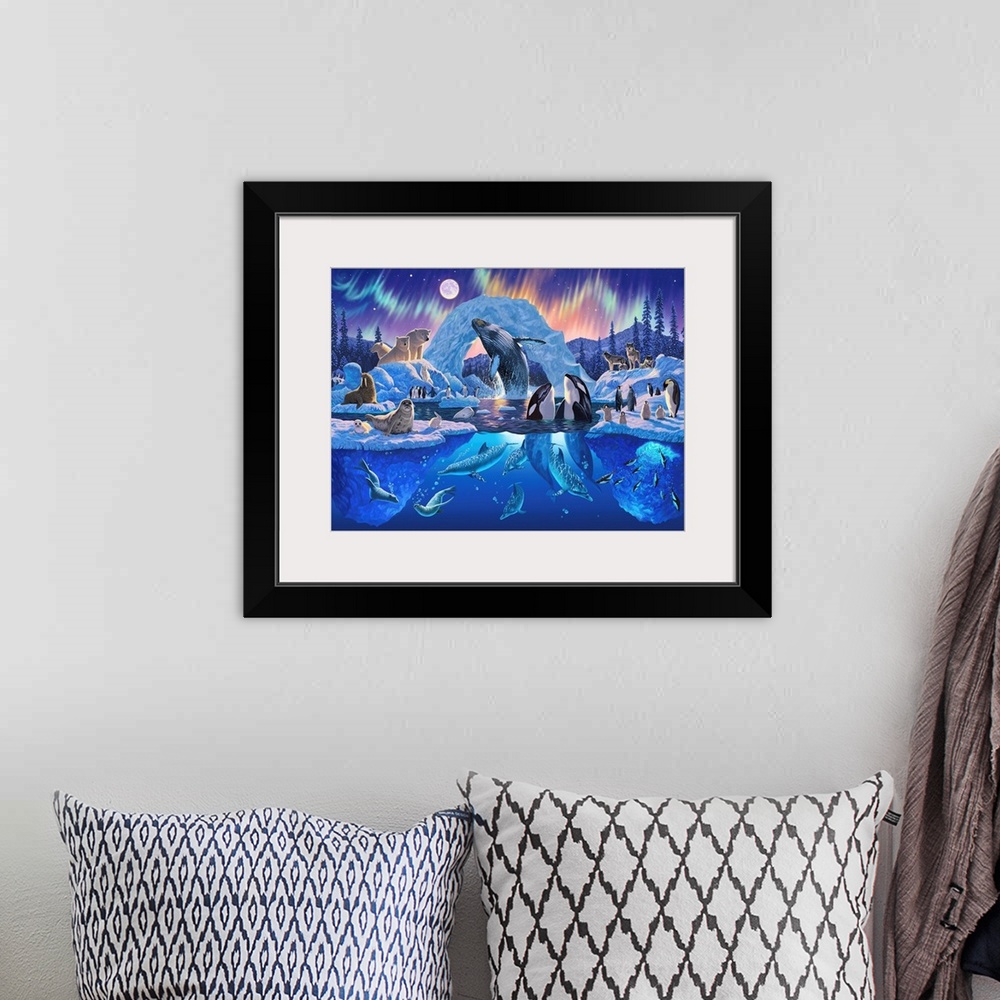 A bohemian room featuring Whimsical painting of polar life.  There are images of killer whales, penguins, polar bears, walr...
