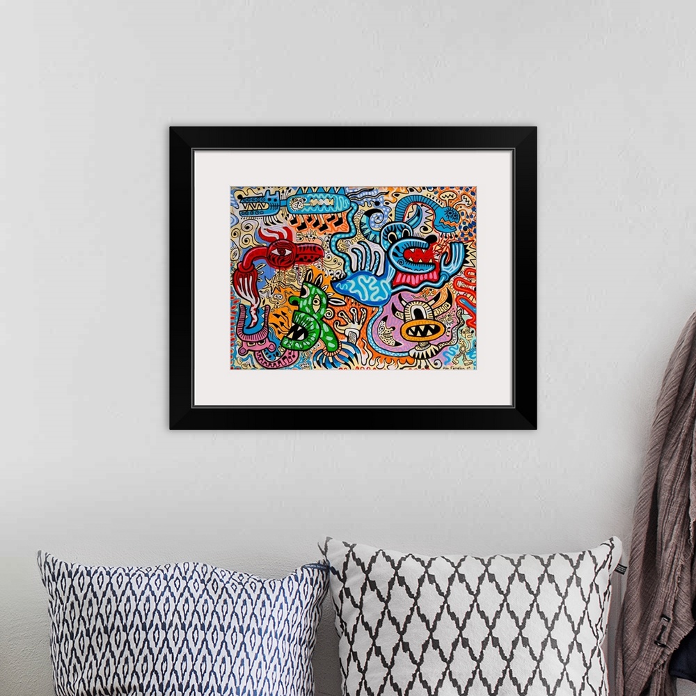 A bohemian room featuring Contemporary mural artwork of monsters and other abstract figures in a confusion of colors and pa...